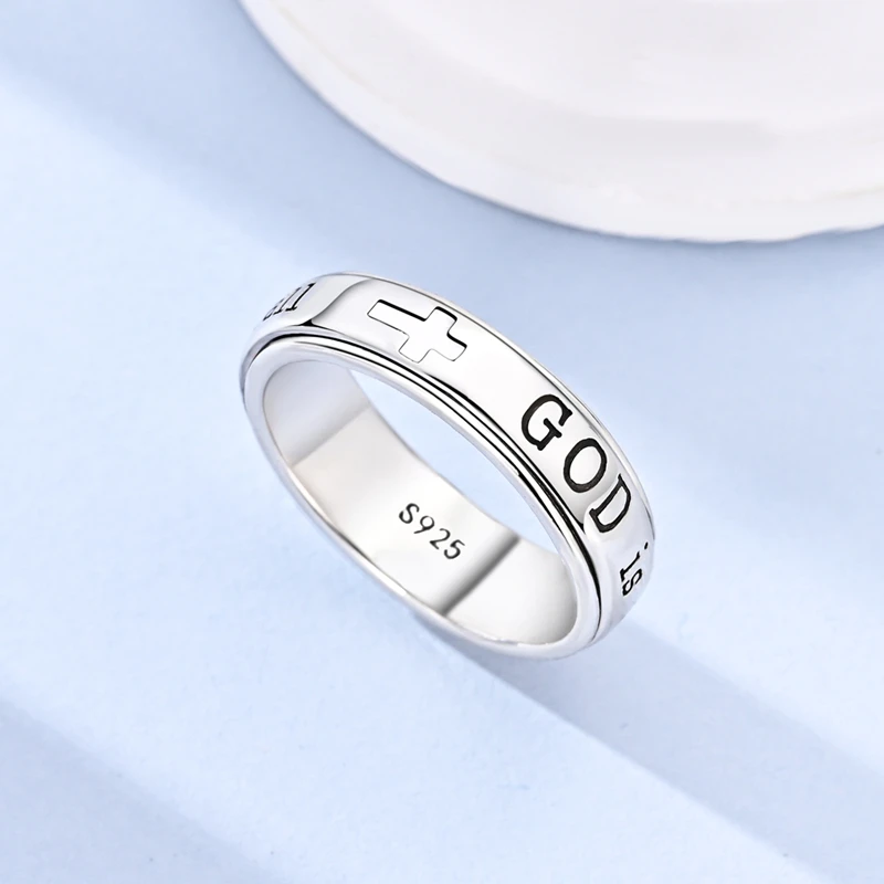 Women's 925 Sterling Silver God Engraving Cross Rotatable Ring
