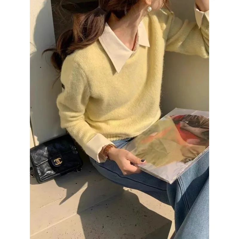 2024 جديد المرقعة قميص طوق متماسكة سترة الخريف والشتاء قاع قميص مزاجه وهمية قطعتين البلوز العلوي