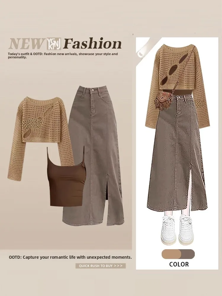 

Women's Autumn Faion Set Hollow Long Sve Cover up Tank Top High Waist Slimming Split Skirt V Ne Casual Vintage Sle