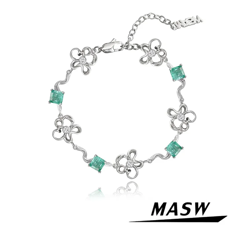 

MASW Original Design Popular Style Brass Thick Silver Plated Flower Green Glass Bracelet For Women Girl Jewelry 2024 New