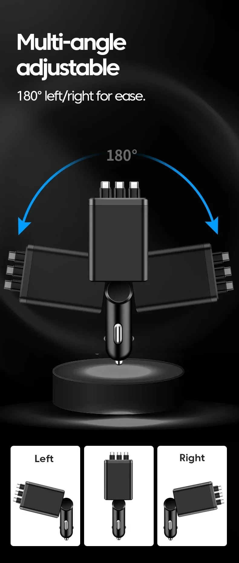 Typ-C Handy-Autoladegerät 7-in-1 mit Erweiterungskabel, Dual-Port USBPD Schnellladegerät für Zigarettenanzünder im Auto – Detail 9