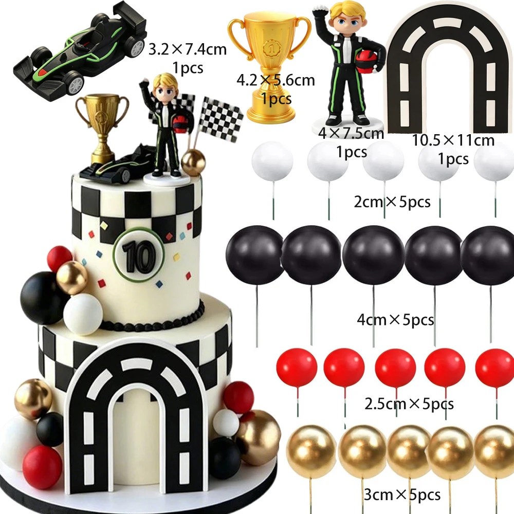 24pcs Racing Birthday Cake Topper Racing Track Car Trophy Gold Red Ball Cake Decor for Racing Theme Party Baby Shower Decor Supp