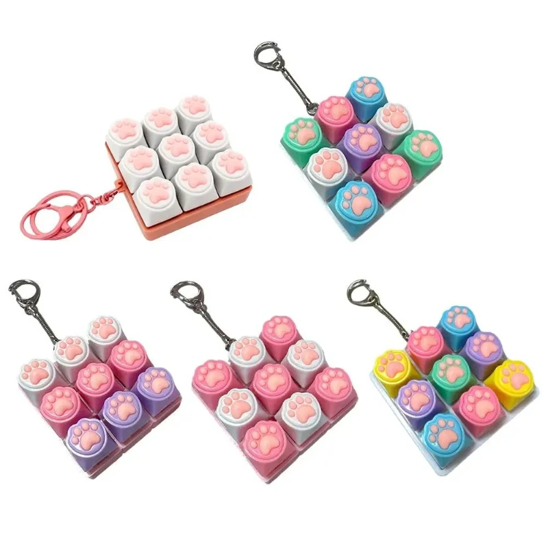 9 Keys Keyboard Key Toy Cat Paws Finger Button Stress Relief Toys Mechanical Keyboard Keycaps Keychain Office Decompression Calm