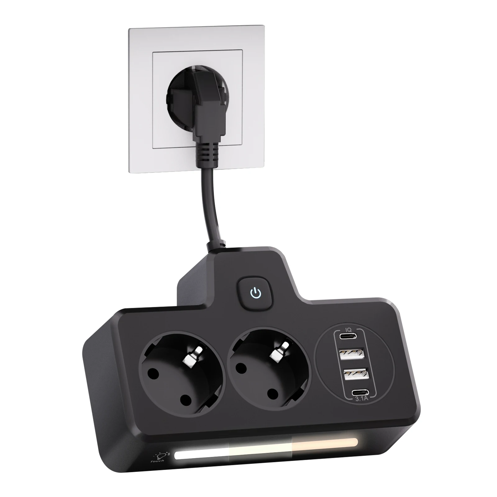 HITRENDS EU plug Power Strip with night light, Multiple Socket with 2 USB 2 Type C port Wall Socket Adapter for Office Home