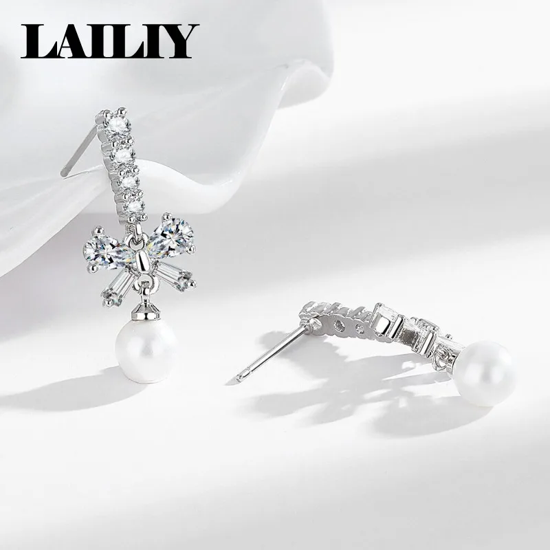 LAILIY925 Sterling Silver 18K Gold Hot Selling Gift Party Bow Pearl Pendant Earrings Stud Earrings For Women Fashion Jewelry