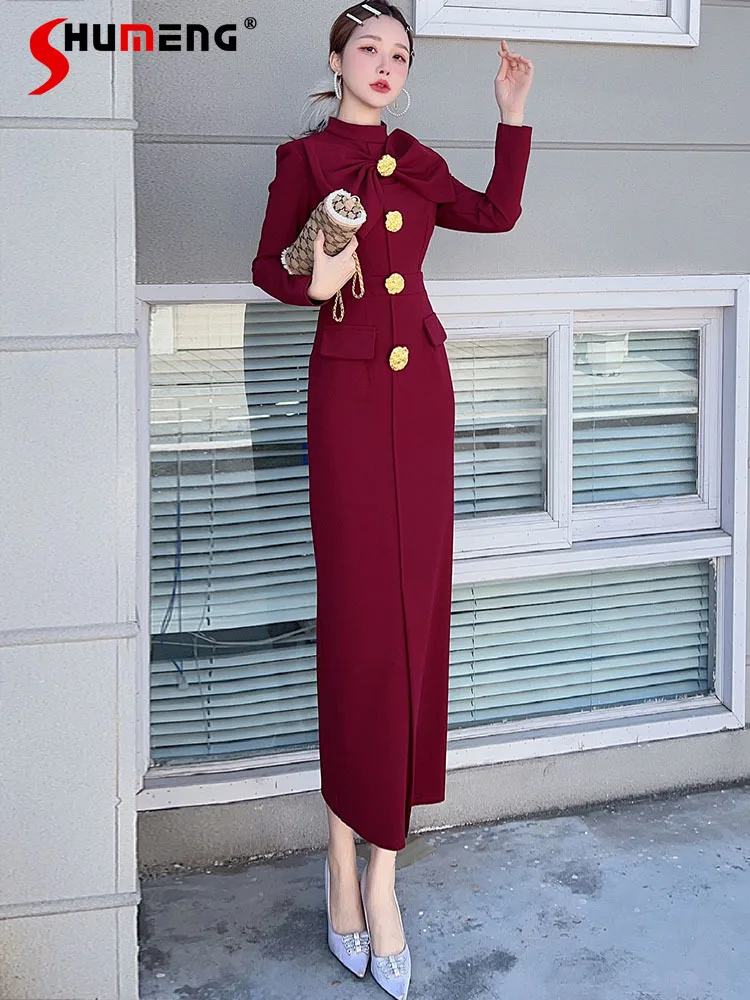 

Women's Elegant Slim Fashion 2024 Spring New Dress Anti-Aging Long Sleeves Solid Color Bowknot Dresses Nice Women's Clothes