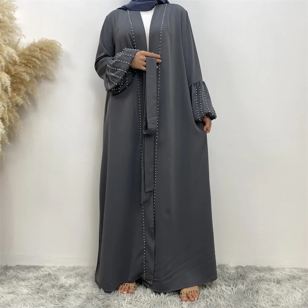 

Muslim Women Abaya Robe Arab Turkey Middle East Fashion Elegance Solid Color Beaded Muslim Lace-Up Cardigan Robe