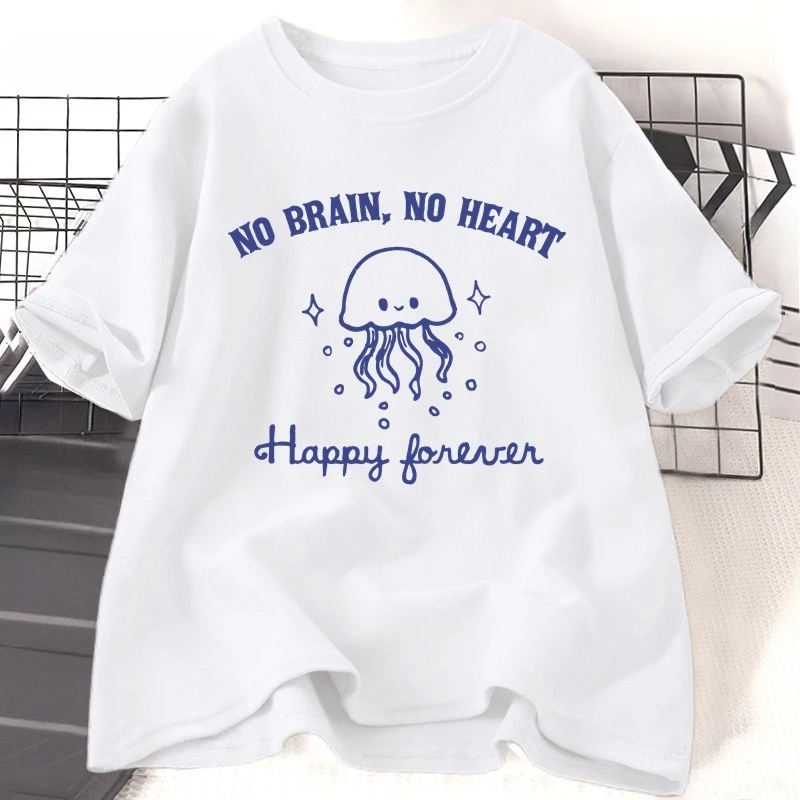 No Brain No Heart Niedliche Quallen-Meereskreaturen-T-Shirts für Damen, Tops aus Baumwolle, Vintage-Tiermotiv, lustige Cartoons, Grafik-T-Shirts, Kleidung