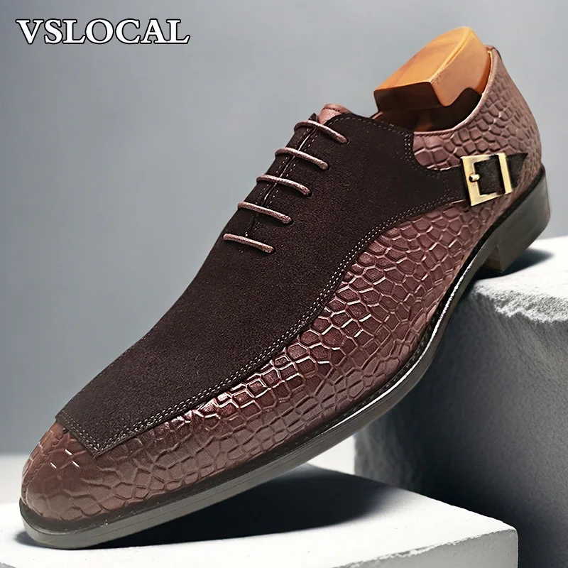 

Luxury Men Oxford Shoes Lace up Split Toe Black Brown Mens Dress Shoes Suede Patchwork Crocodile print Leather Shoes Men
