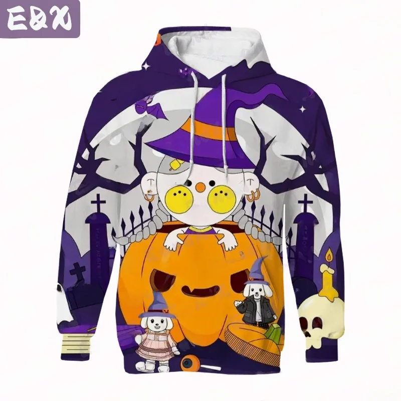 レディース ハロウィン パーカー ユーロとアメリカスタイル プルオーバー ルーズフィット 長袖 ストリートウェア ポリエステルとスパンデックス 漫画プリント