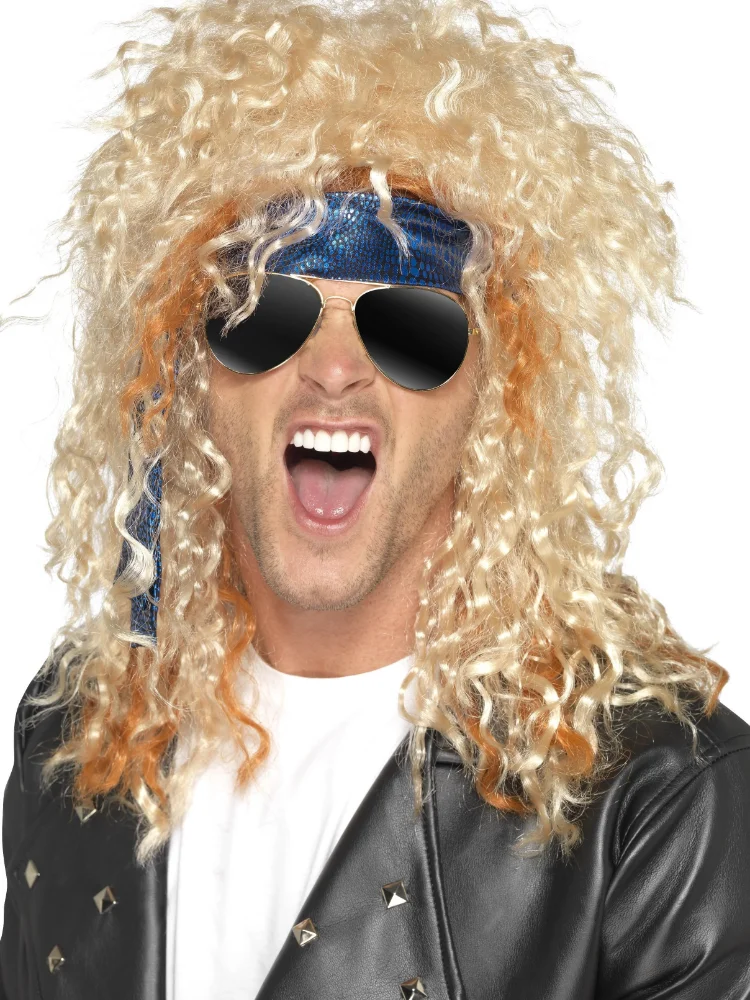 Peluca de rockero de los años 70 y 80, rubia, punk, esponjosa, larga y rizada para hombre, peluca sintética para fiesta de Halloween, accesorios de cosplay de rock