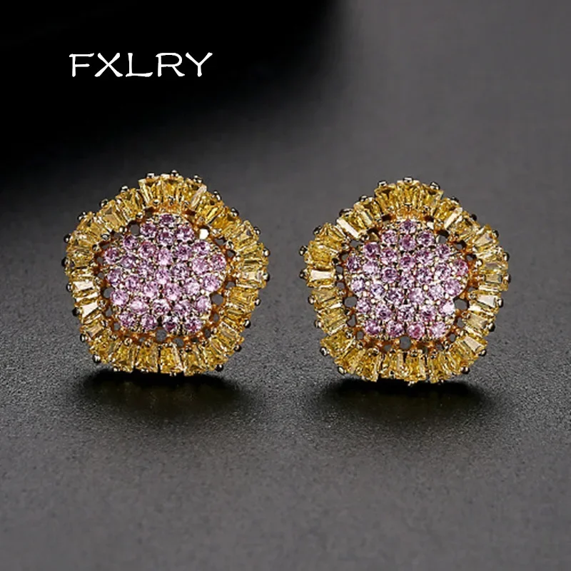 FXLRY New creative fashion white /gold color inlay zircon ladies Geometric flower earrings jewelry