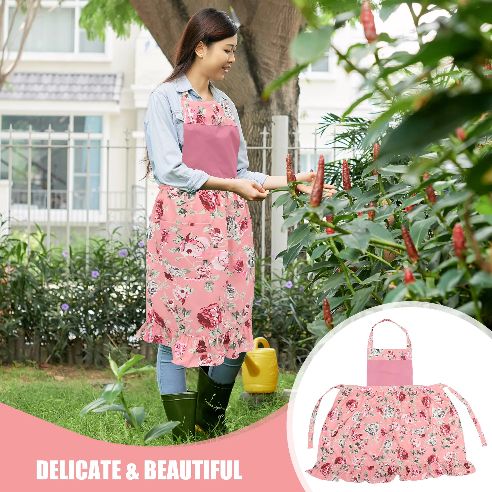

Floral Apron Women Gardening Pink Flowers Polyester Adjustable Waists 2 Pockets Garden Clothes Protector Stylish Rose Design