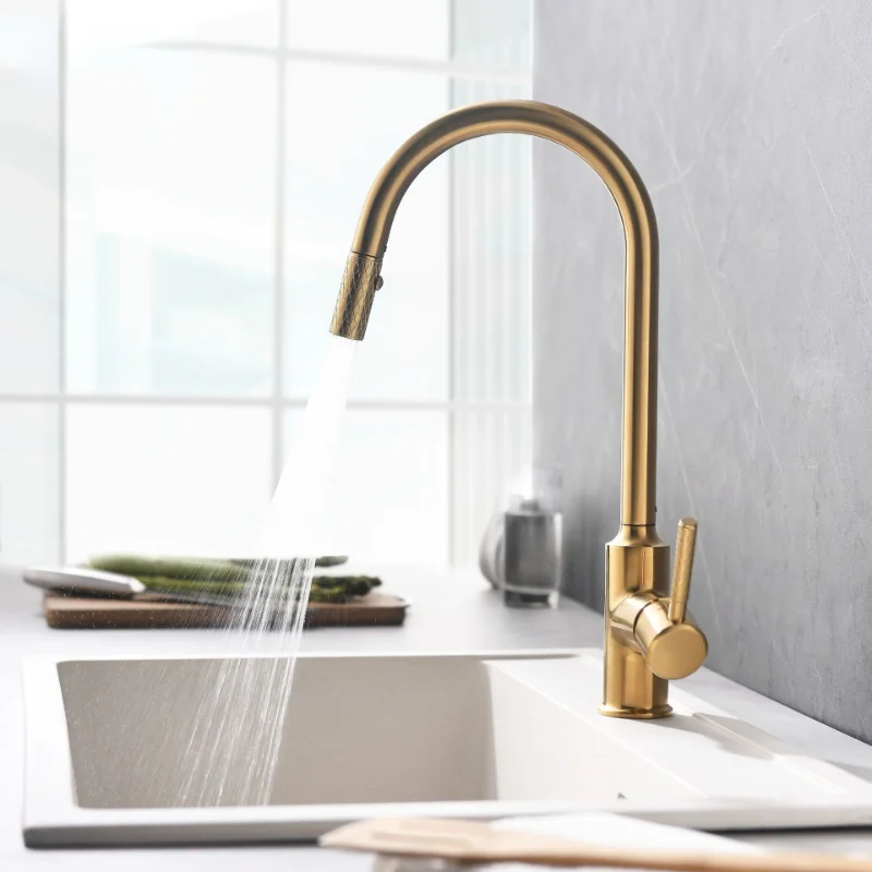 Brushed Gold Bathroom Basin Faucet Pull Out Brass Vanity Mixer Tap Kitchen Sink Elbow Faucet Pull Down 2 Mode Rotatable Faucet