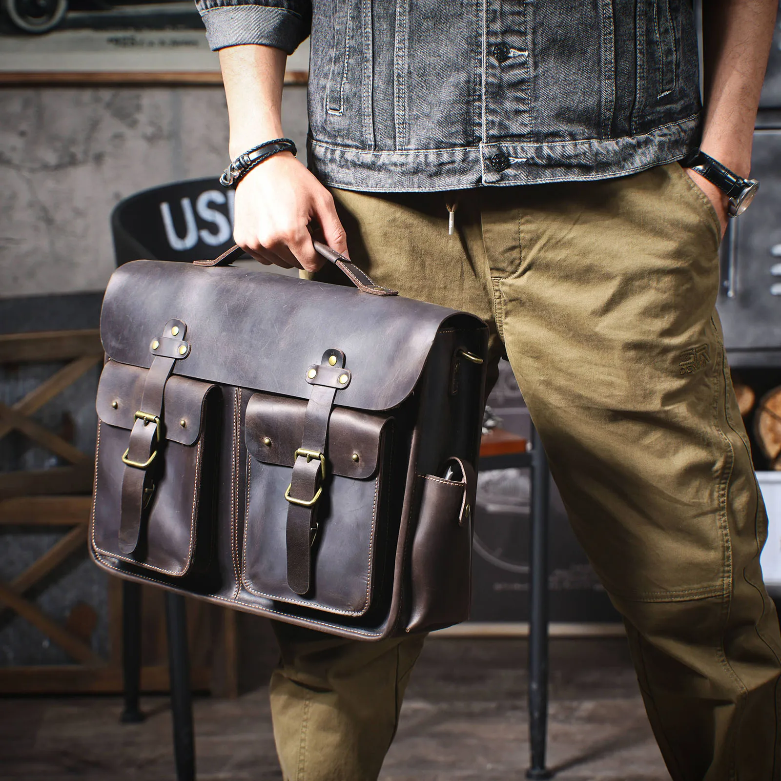 S.WORKER Vintage Echtleder Herren-Aktentasche 16" Laptop-Tasche Crazy Horse Leder Messenger-Handtasche Rindsleder Geschenkidee für Männer – Detail 4