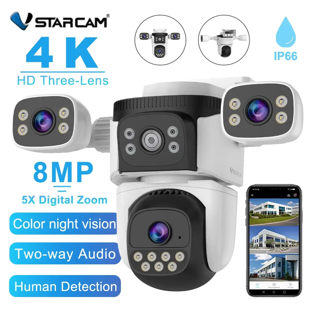 

Vstarcam 4K Three Lens Camera 8MP 5X Zoom Cam Full Color Night Vision Wifi Outdoor Wireless Home Security PTZ Camera waterproof