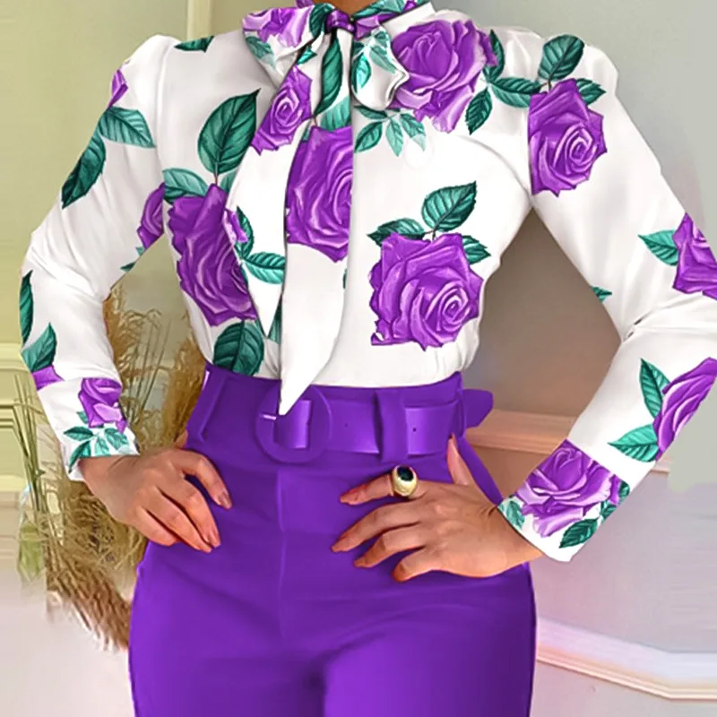 Office Lady Pant suit set da 2 pezzi abiti da donna colletto con fiocco a fiori camicetta camicia e pantaloni a matita set abiti 2022 nuovo