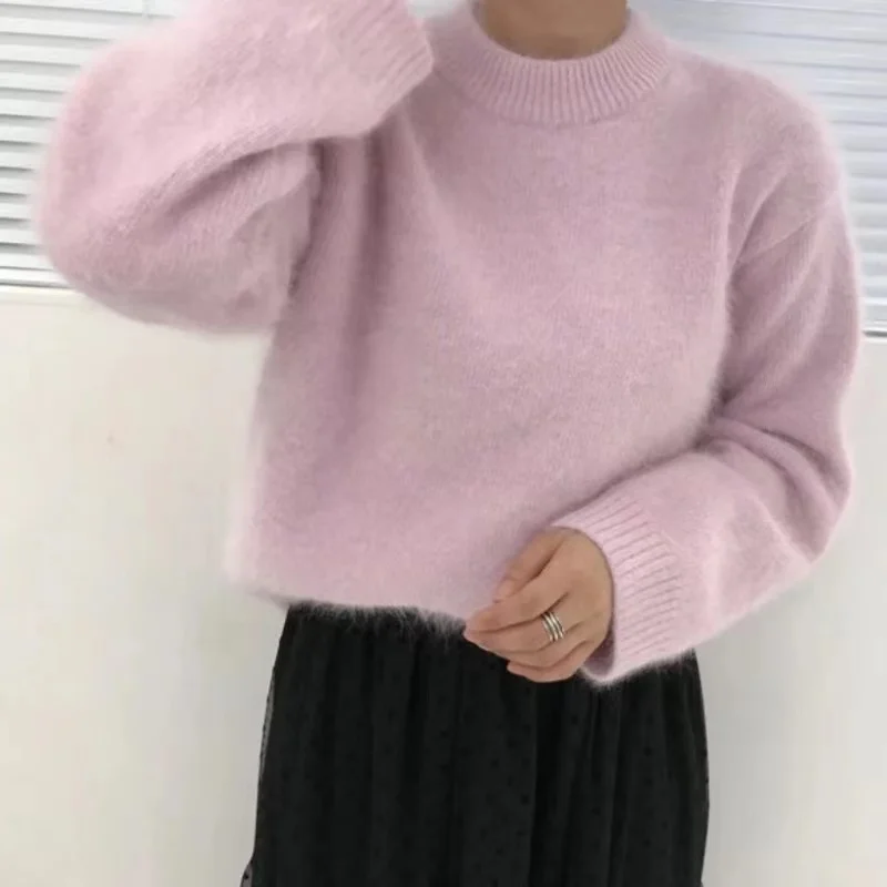 Chic Korean Fashion Women Round Collar Soft Mohair Knitted Pullover Autumn Winter Mink Cashmere Thick Warm Loose White Sweater