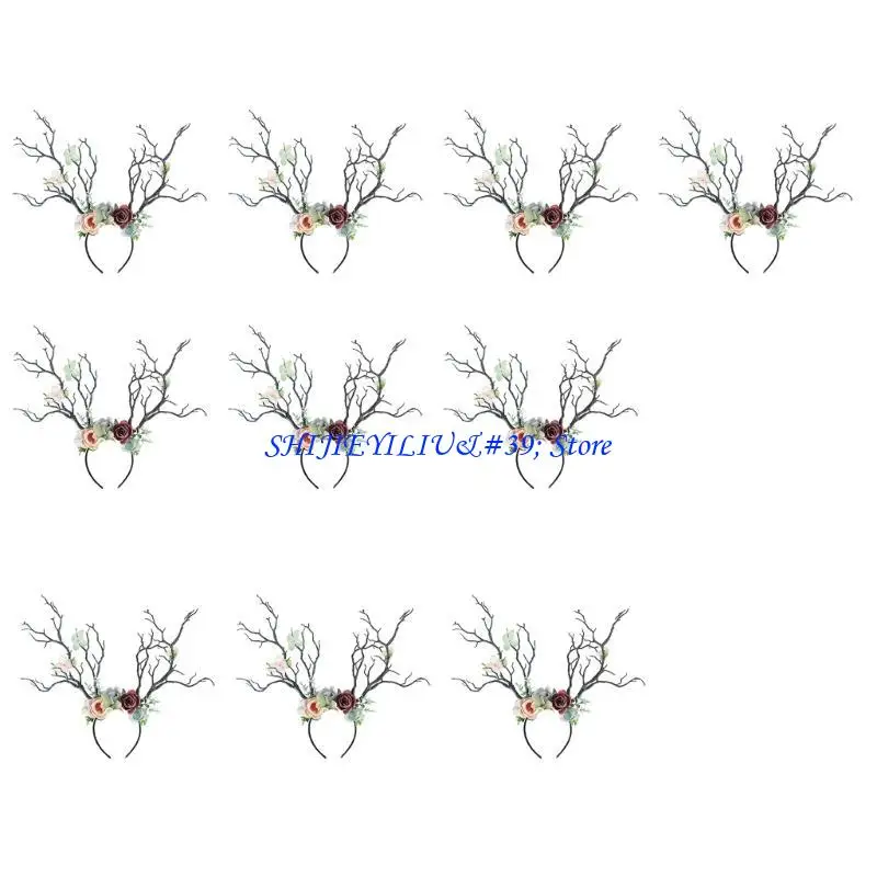 E21F 10Pcs Flower Antler Headbands Deer Horns Hairband Floral Reindeer Headpiece