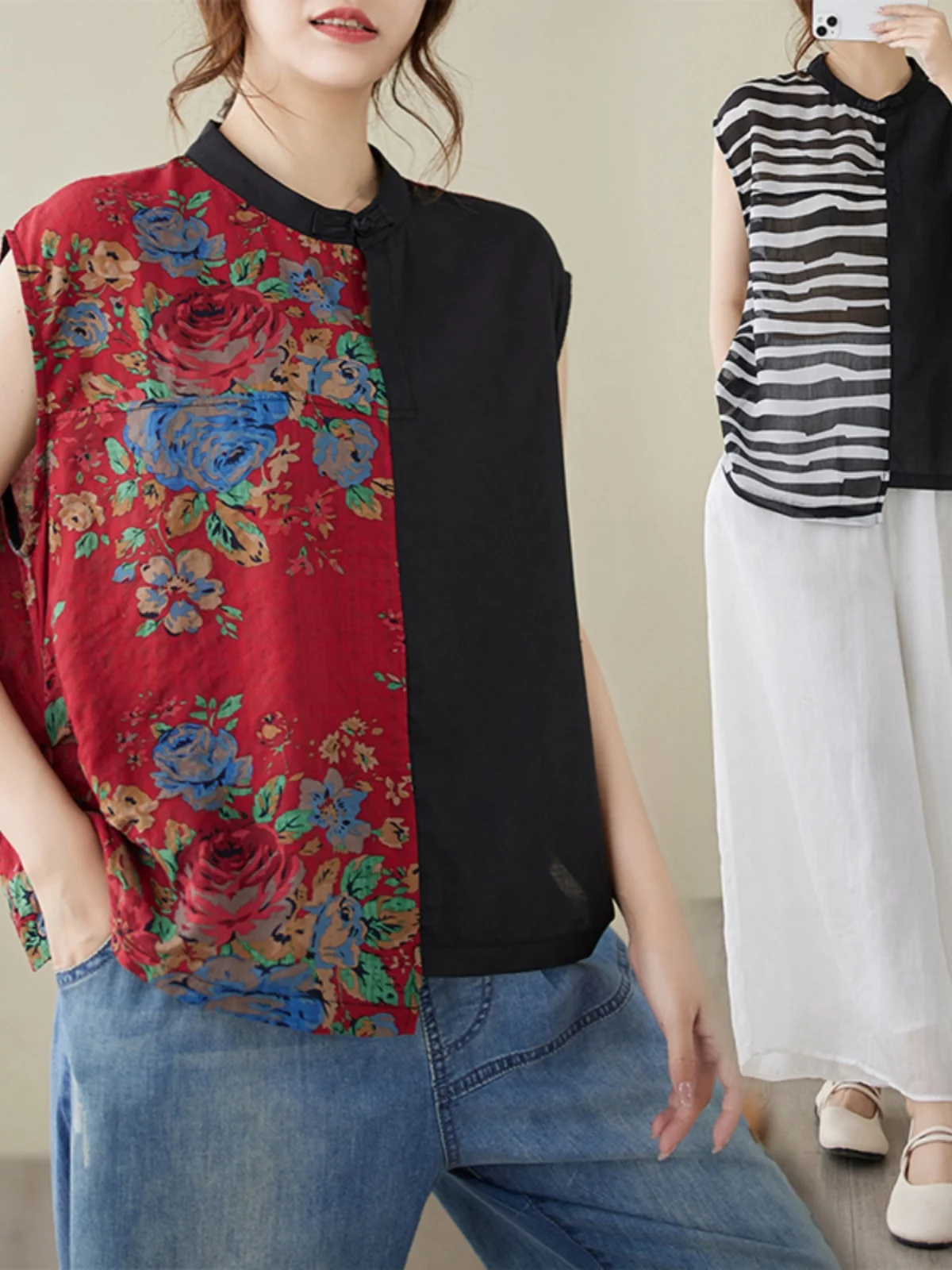 

Casual Linen irt Ethnic Print Color Blo Svel round Ne Overhead Top Breathable Summer New Sle Vintage Women's irt