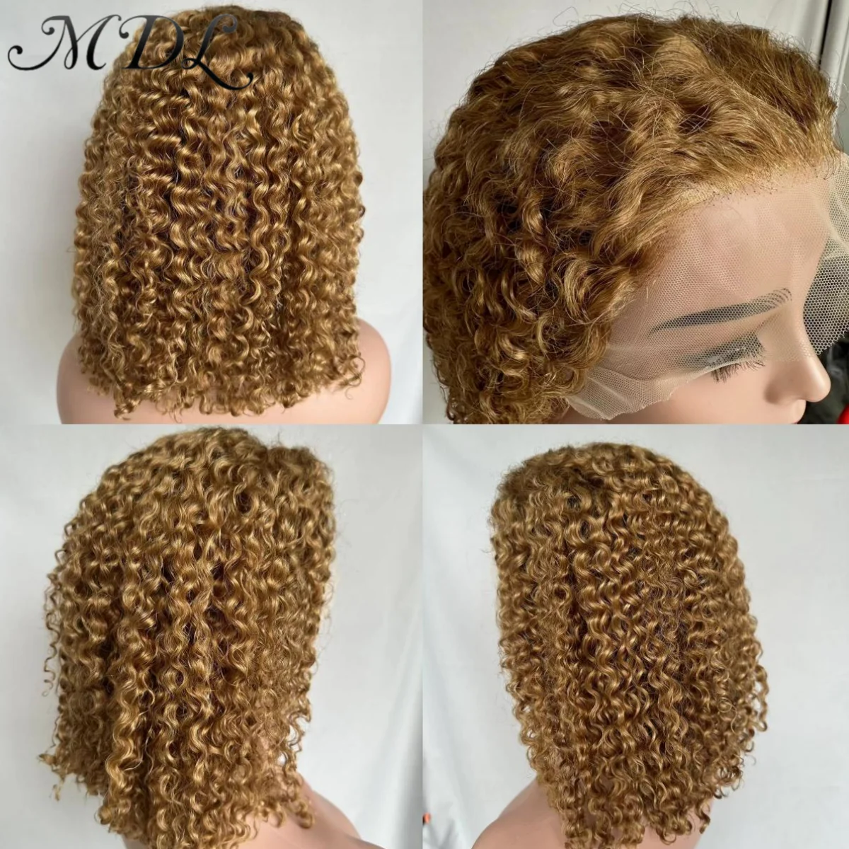 MDL Remy Human Hair 13x4 HD Lace Front Frontal Short Jerry Curly Curl Bob Wig for Women Pre Pulcked Light Brown 27# Glueless