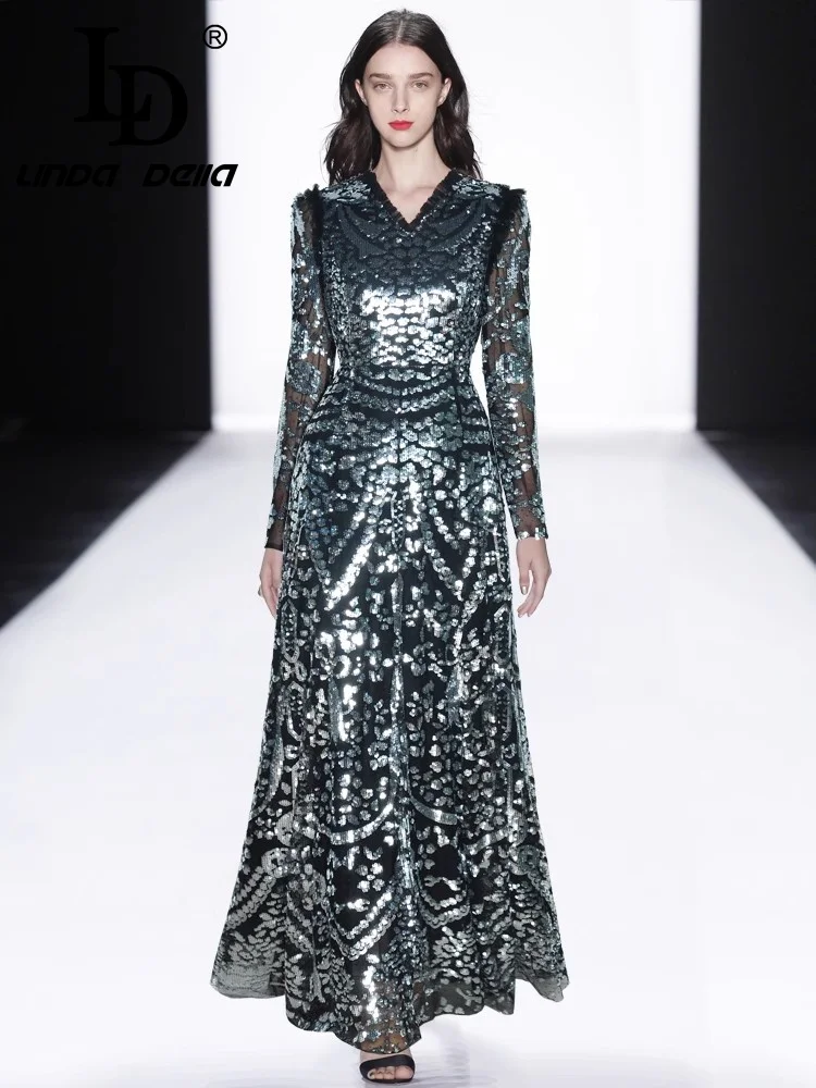 LD LINDA DELLA فساتين راقية صيفية للنساء برقبة على شكل حرف v وأكمام طويلة وخصر عالٍ فساتين ضيقة شبكية ترتر