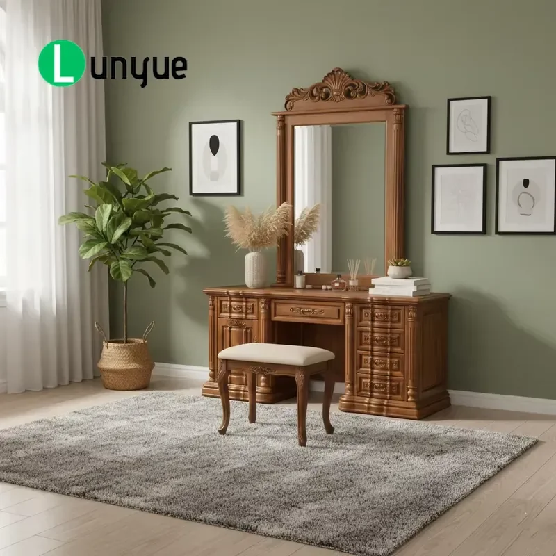 European Handmade Solid Teak Dresser with Removable Mirror and Stool Durable Sustainable Bedroom Furniture Vanity Table
