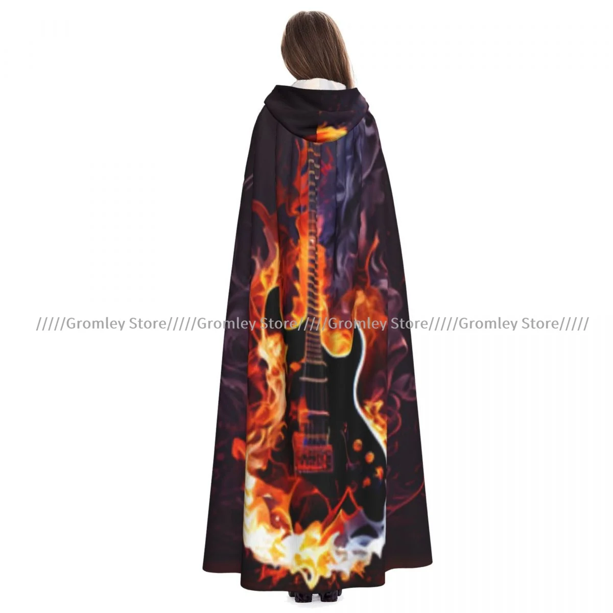 Túnica larga con capucha de bruja, guitarra eléctrica en ráfagas de fuego, capa de Halloween, disfraces de Cosplay para adultos