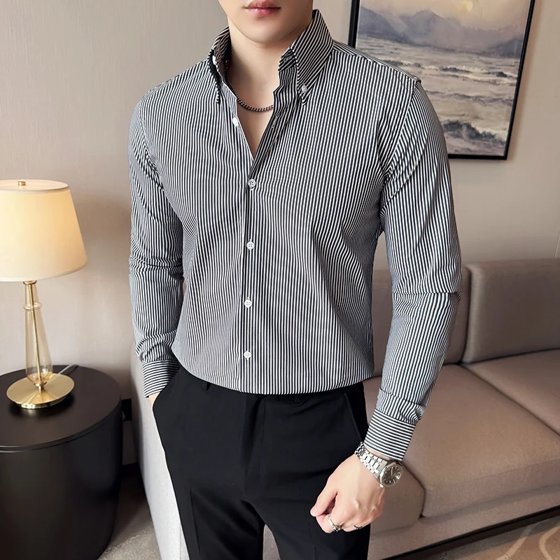

Мужская рубашка в полоску 2026 Весна-Лето, быстросохнущая, корейский крой, без глажки, модная, повседневная, деловая, официальная