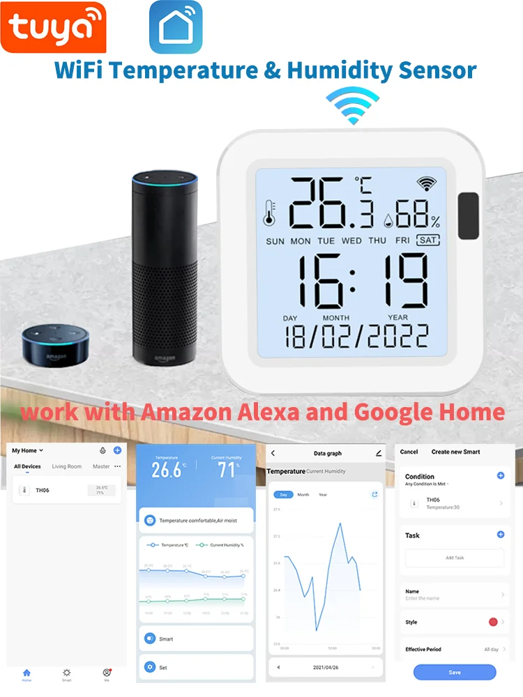 Tuya Temperature and Humidity Smart Sensor With Backlight for Smart Home var WiFi SmartLife Work with Alexa Google Assistant