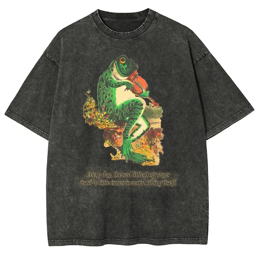

Frog Playing Violin Print Wash Women T-Shirt Oversized Loose Couple Short Sleeve Unisex Casual Spoof Fashion Top Men 2024