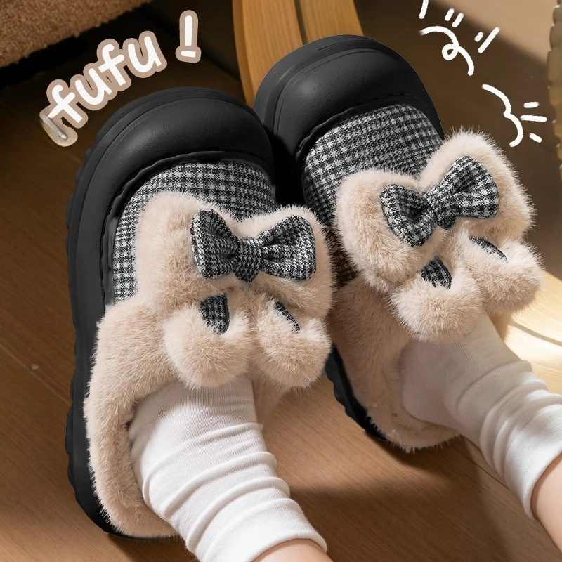 

Women's Winter Fleece-Lined Thickened Thermal Outdoor Cotton Slippers with Bow and Houndstooth Pattern