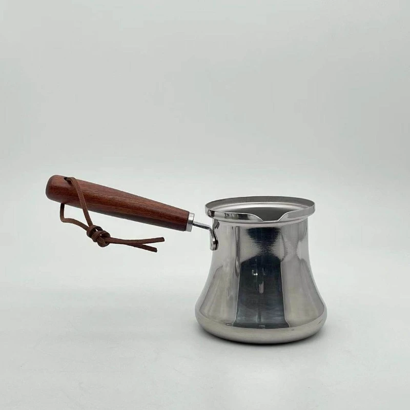 Anti-overflow Stainless Steel Coffee Pitcher Wooden Grip Handheld Milk Foam Wax Melting Cup