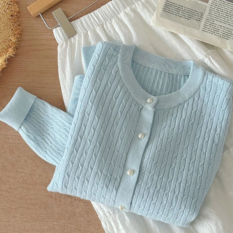 Elegant Long Sleeve Knitwear Tops Women Autumn Winter Single Breasted Sweater O Neck Thick Warm Knitted Cardigan Female