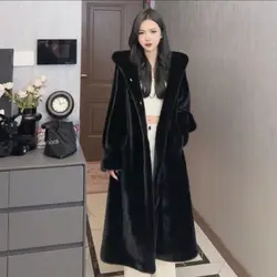 Winter Long Brown Thick Warm Soft Faux Mink Fur Coat Women Puff Sleeve Elegant Luxury Chic Fluffy Furry Overcoat 2024 LX280