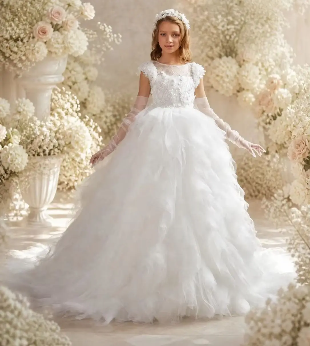 White Flower Girl Dress For Wedding Puffy Tulle Litter Princess Kids Birthday Party Dress First Communion Ball Gowns Customized
