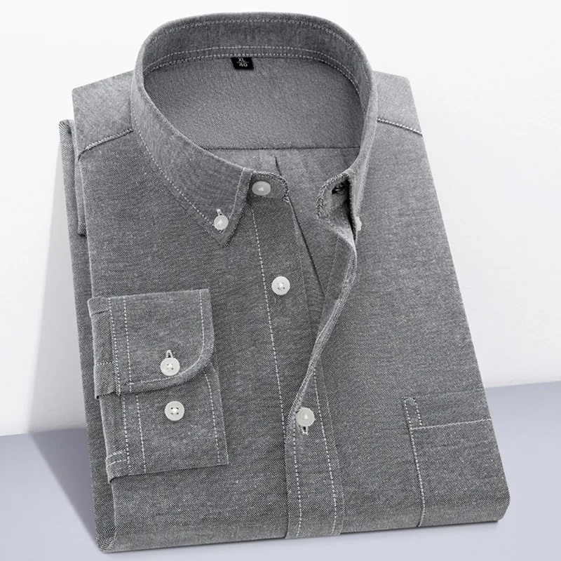 Men's Business and Leisure Work Shirt Solid Color Long Sleeve Lapel Button Shirt Spring 60% Cotton +40% Polyester Pocket Top.