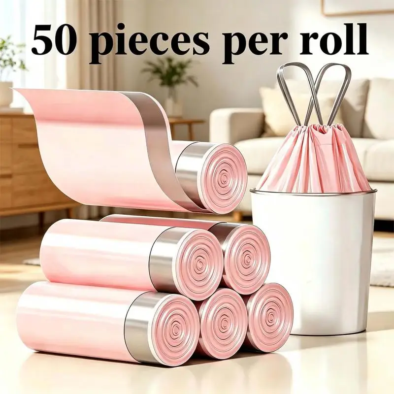 1Roll 50Pcs Thickening Drawstring Garbage Bags Large Capacity Handheld Trash Bag for Kitchen Household Disposable Waste Bags