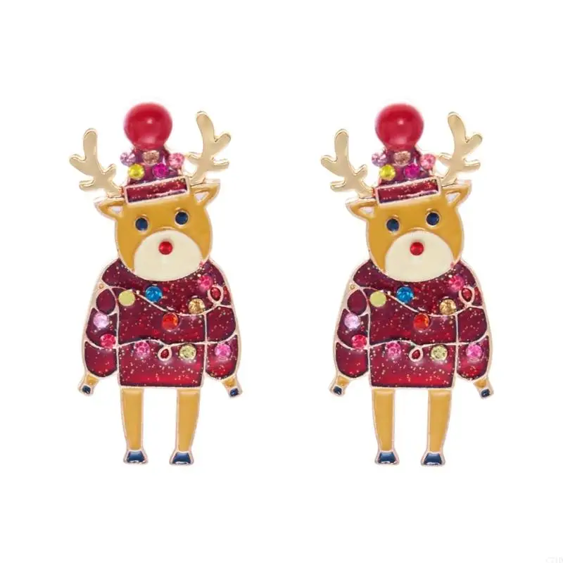  Christmas Reindeer Earrings Pair, Gold Tone Holiday Jewelry with Decorative Enamel Stone Detail for Festive Party Outfits