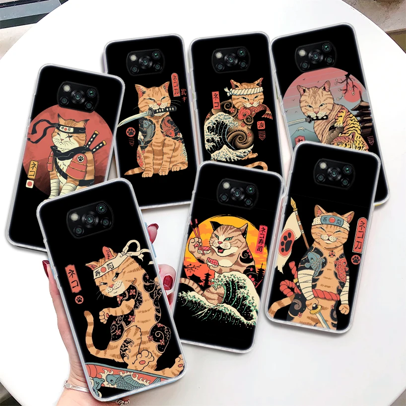 Ramen Sushi Samurai Tattoo Cat Coque Phone Case For Xiaomi Poco X6 X5 X3 Nfc X4 Gt F6 F5 Pro F4 F3 F2 F1 M5s M4 M3 5G Soft Cover