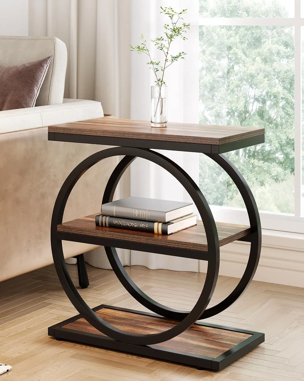

3-Tier End Table, Slim Sofa Side Table for Living Room, Tall Bedside Nightstand, Rustic Brown and Black