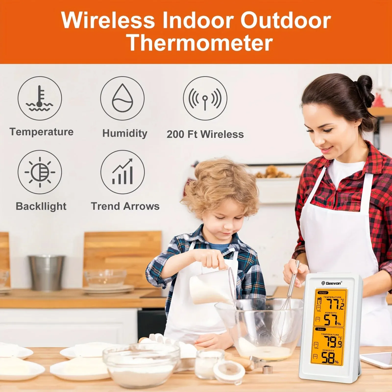 Geevon Indoor Outdoor Thermometer Backlight Digital Wireless Thermometer Temperature with LCD Receive Outdoor Thermometers