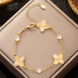 New Plant Golden Rhinestone Four Leaf Clover Bracelet for Women Girls New Trendy Luxury Clovers Wrist Chain Jewelry Party Bijoux