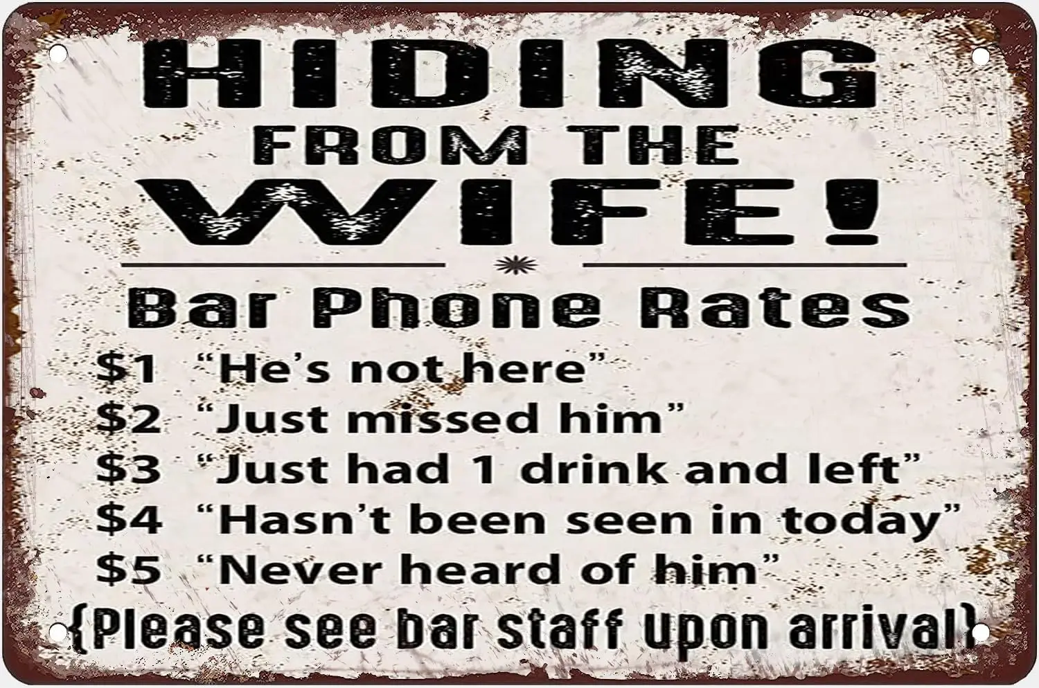 Funny Hiding From The Wife Metal Tin Sign Bar Telephone Rate Vintage Metal Sign Gift Bedroom Retro Novelty Cafe Store Tin Signs