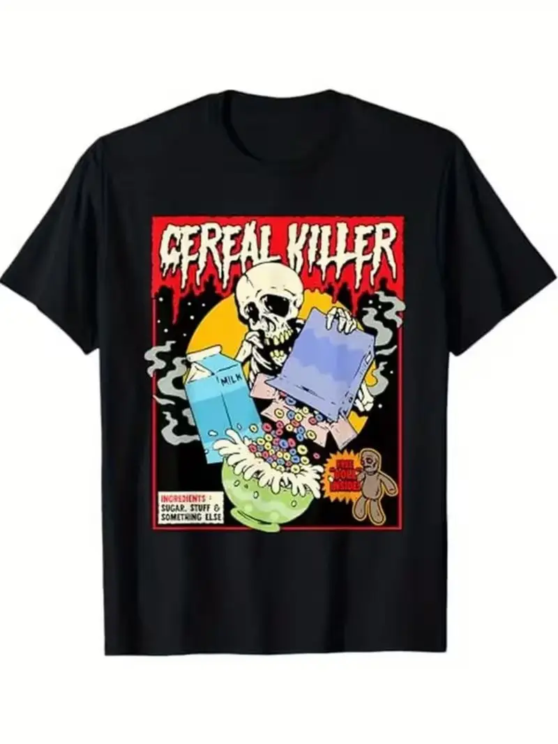 Men's Grain Killer Print T-Shirt Fun Black Tee Bold Red White Text Playful Skull Colorful Grain Bowl Teddy Bear Unique Gifts