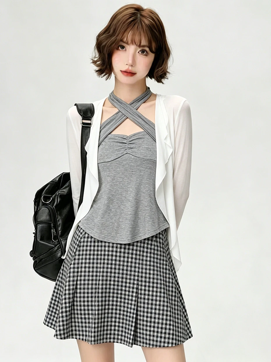 Korean Style Long Sleeve Sun Protection Cover up Women's Summer Tie Waist Camisole Inner Wear Two Piece Set Thin And Simple