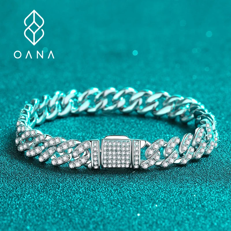 

OANA 925 Sterling Silver Cuban Vintage Ladies Silver Chain Chunky Bracelet Moissanite Jewelry