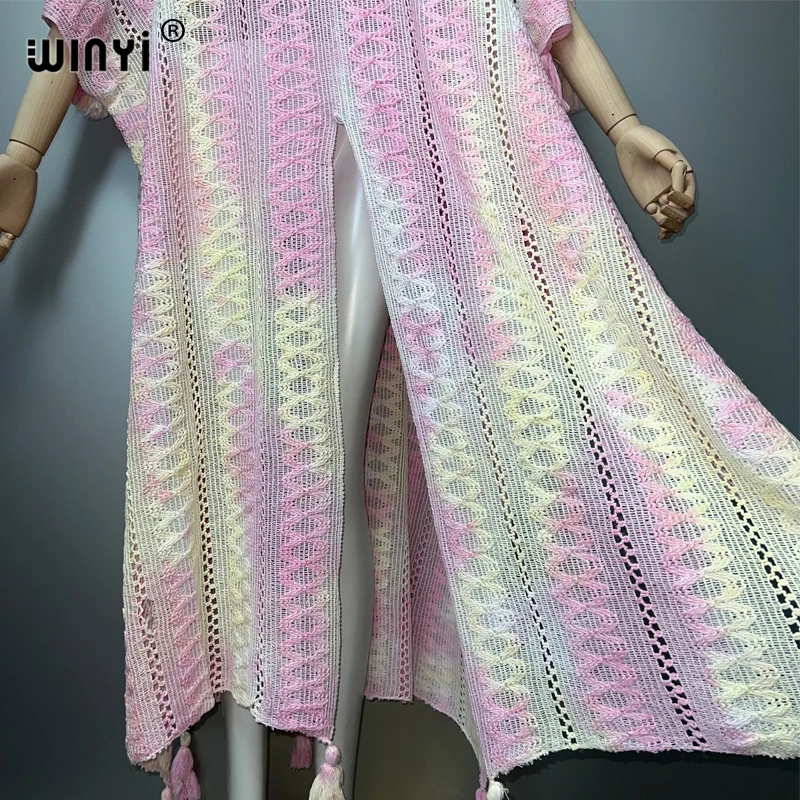 WINYI tie-dye print summer Hollow knit sexy Floor-sweeping dress Elegant  Bikini Cover-up Women Beach wear Swimsuit Covers dress