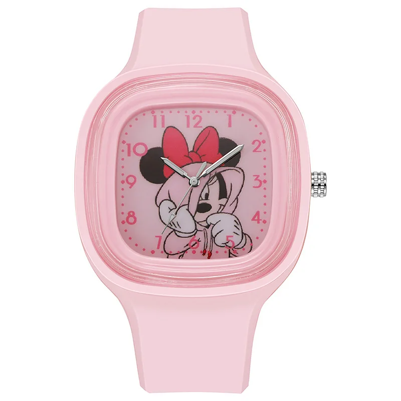 Fashion Blue Mickey Children Watches for Boy Pink Large Square Dial Minnie Women Girls Watch for Kids Students Quartz Clock
