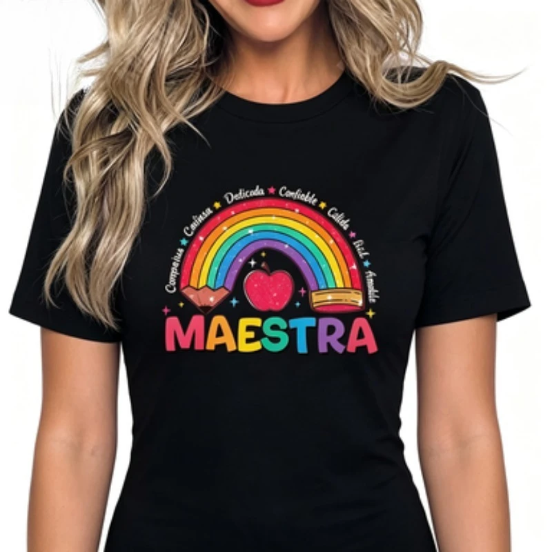 Tee Latina Maestra Positive Attributes Rainbow Apple Cartoon Print Casual Short Sleeve Teacher Thank You Daily Basic Tees
